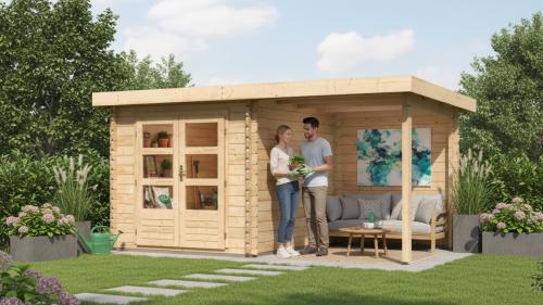 fából készült kerti ház KARIBU BASTRUP 2 + egy menedéket 200 cm beleértve a hátsó falat is (9300) natur