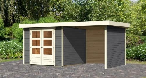 drevený domček KARIBU ASKOLA 3,5 + prístavok 240 cm vrátane zadnej a bočnej steny (9146) terragrau