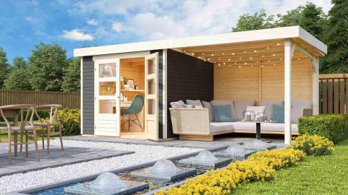 drevený domček KARIBU ASKOLA 3,5 + prístavok 280 cm vrátane zadnej steny (9150) terragrau
