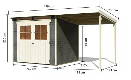 fából készült kerti ház KARIBU GLUCKSBURG 4 + egy menedéket 190 cm (83233) terragrau