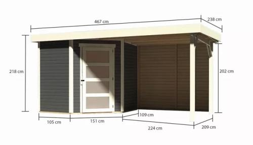 fából készült kerti ház KARIBU SCHWANDORF 3 + menedékház hátsó fallal 240 cm (9211) terragrau