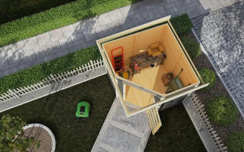 fából készült kerti ház KARIBU SCHWANDORF 3 + menedékház hátsó fallal 240 cm (9211) terragrau