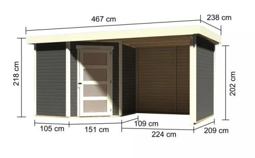 fából készült kerti ház KARIBU SCHWANDORF 3 + menedékház hátsó és oldalfalakkal 240 cm (77741) terragrau