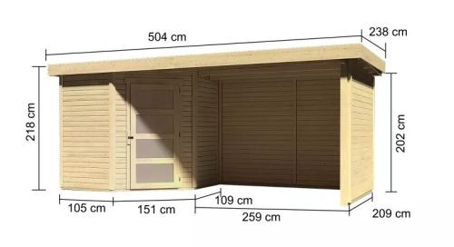 fából készült kerti ház KARIBU SCHWANDORF 3 + menedékhely 280 cm hátsó és oldalfalakkal együtt (77744) natur