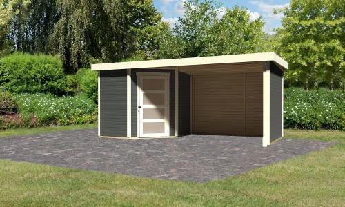 fából készült kerti ház KARIBU SCHWANDORF 3 + menedékhely 280 cm hátsó és oldalfalakkal együtt (77745) terragrau