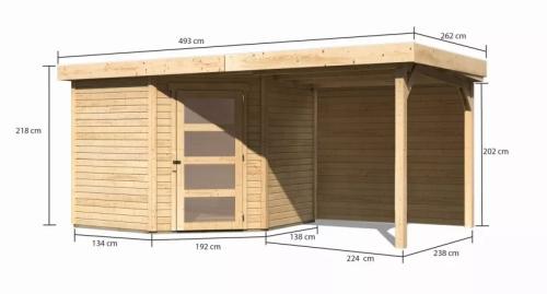 drevený domček KARIBU SCHWANDORF 5 + prístavok 240 cm vrátane zadnej steny (9214) natur