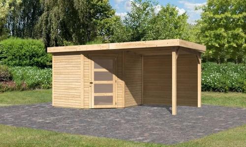 drevený domček KARIBU SCHWANDORF 5 + prístavok 240 cm vrátane zadnej steny (9214) natur