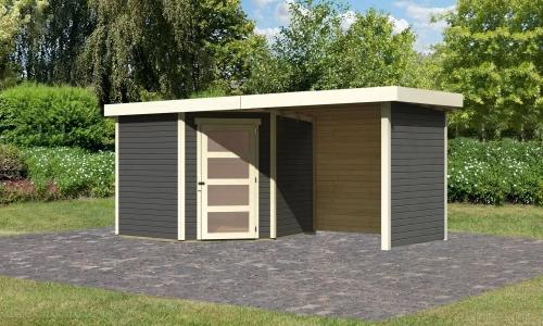drevený domček KARIBU SCHWANDORF 5 + prístavok 240 cm vrátane zadnej a bočnej steny (77749) terragrau