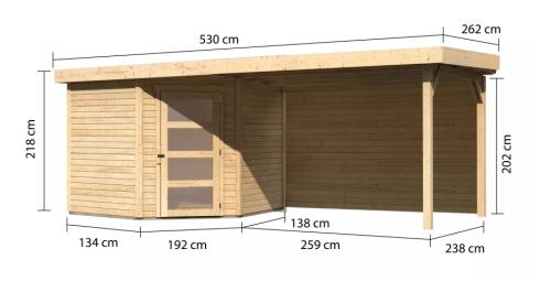 drevený domček KARIBU SCHWANDORF 5 + prístavok 280 cm vrátane zadnej steny (9218) natur