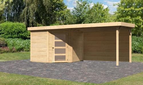 drevený domček KARIBU SCHWANDORF 5 + prístavok 280 cm vrátane zadnej steny (9218) natur