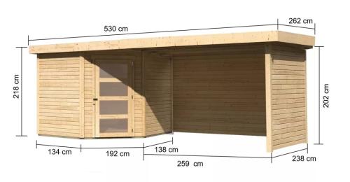 drevený domček KARIBU SCHWANDORF 5 + prístavok 280 cm vrátane zadnej a bočnej steny (77752) natur