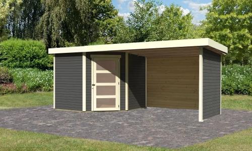 drevený domček KARIBU SCHWANDORF 5 + prístavok 280 cm vrátane zadnej a bočnej steny (9220) terragrau